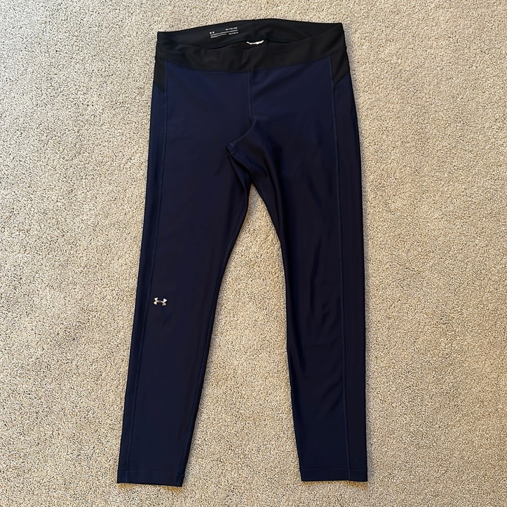 Under Armour leggings, blue with black waistband